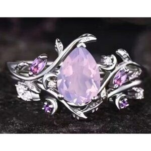 Pear Cut lavender amethyst & moissanite engagement wedding ring set in Titanium